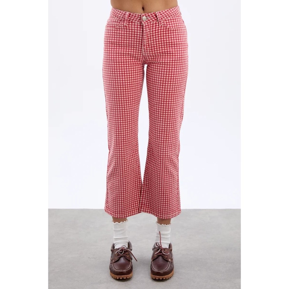 Damson Madder Kenny Jeans Red White Gingham Embroidered Pockets Size 14 Retro